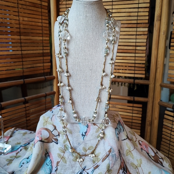 Extra Long Opera Length Faceted Beaded Glass Triple Strand Faux Pearls Necklace - Picture 5 of 7